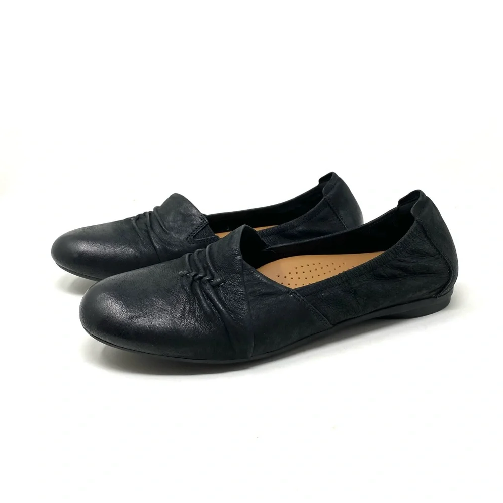 Clarks Rena Way Black Leather Ballet Flats Comfort Shoes WIDE